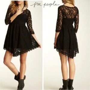 Free People Women’s Black Lace Skater Dress, Size 12 Large Lined 3/4 Sleeve